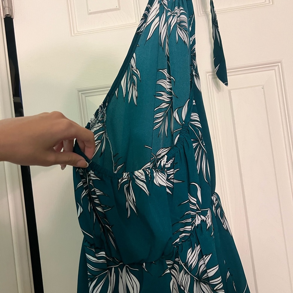 Teal Leaf Print Women's Romper